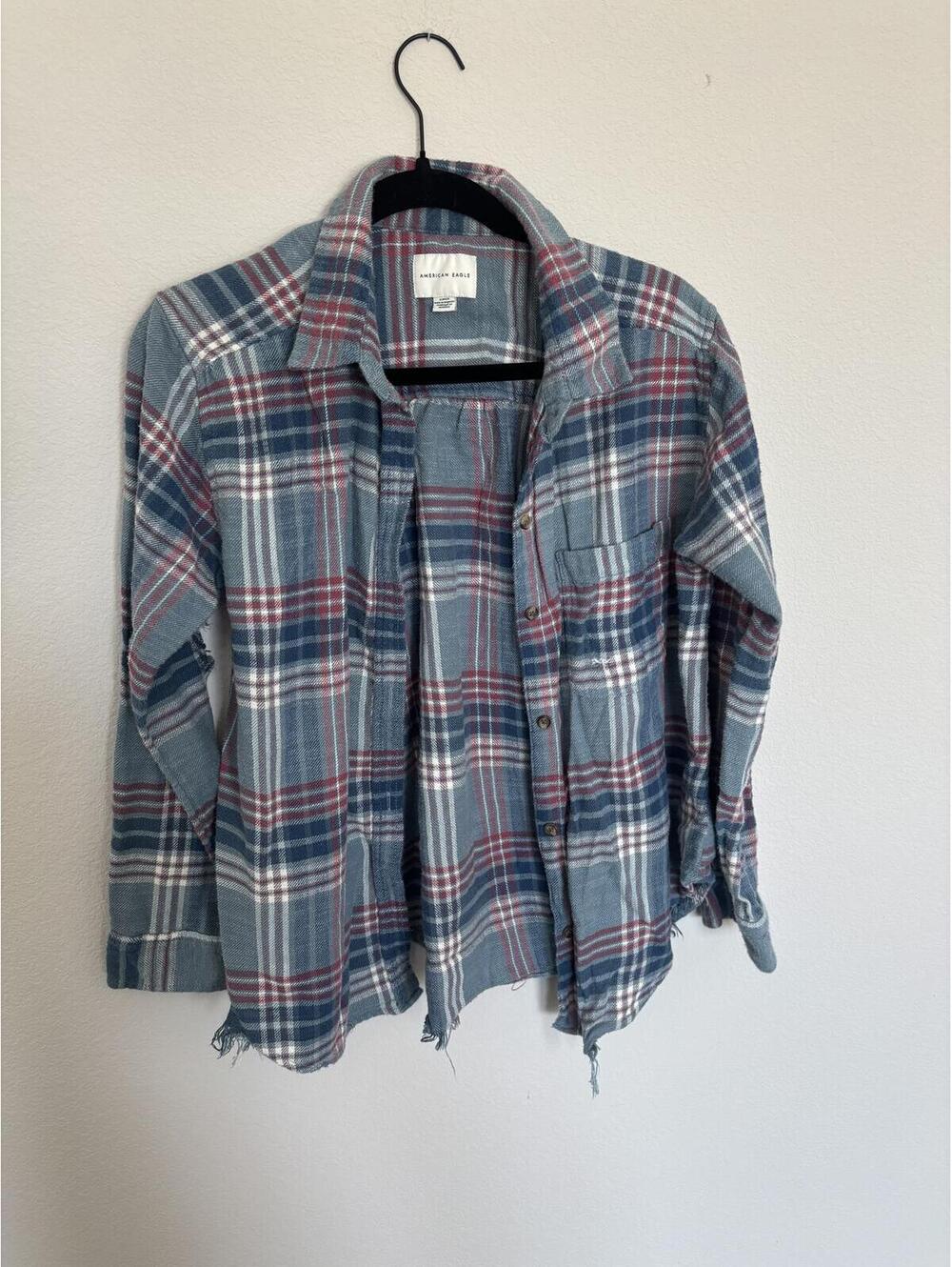 American Eagle Distressed Plaid Boyfriend Flannel Shirt - Blue/Red - Size S